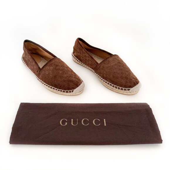 Gucci Monogram Espadrille Flats EU 37.5 US 7.5 Brown GG Suede Rope Slip On Shoe - Picture 1 of 13